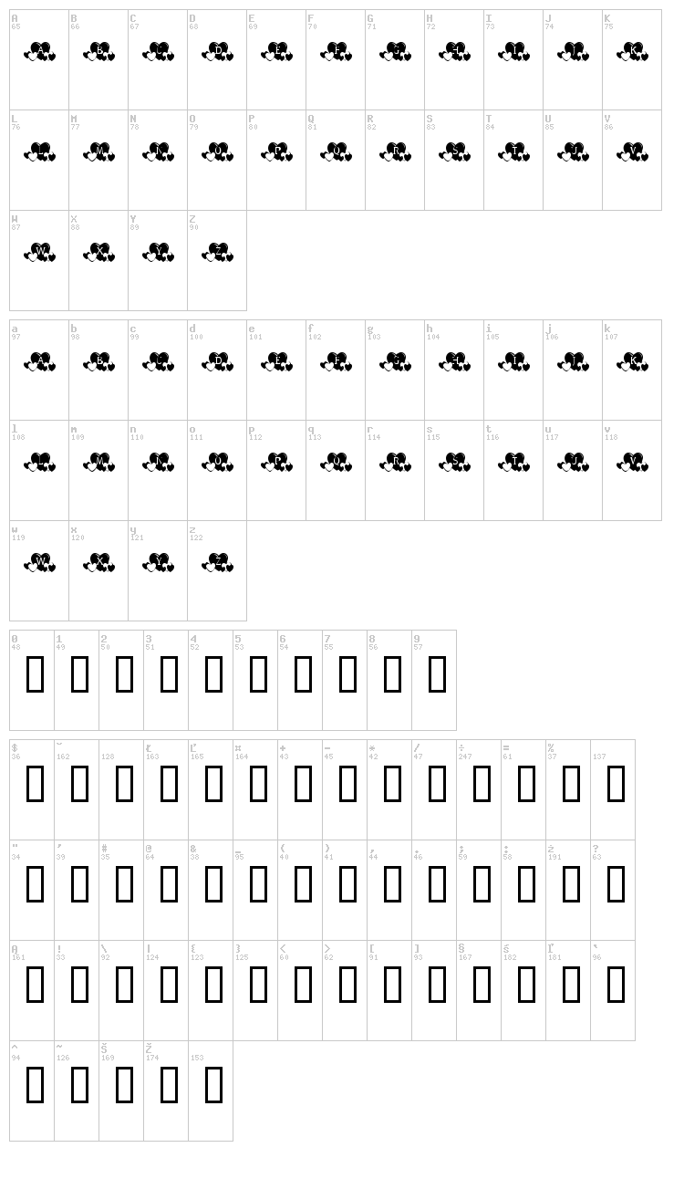 KR Lots of Hearts font map